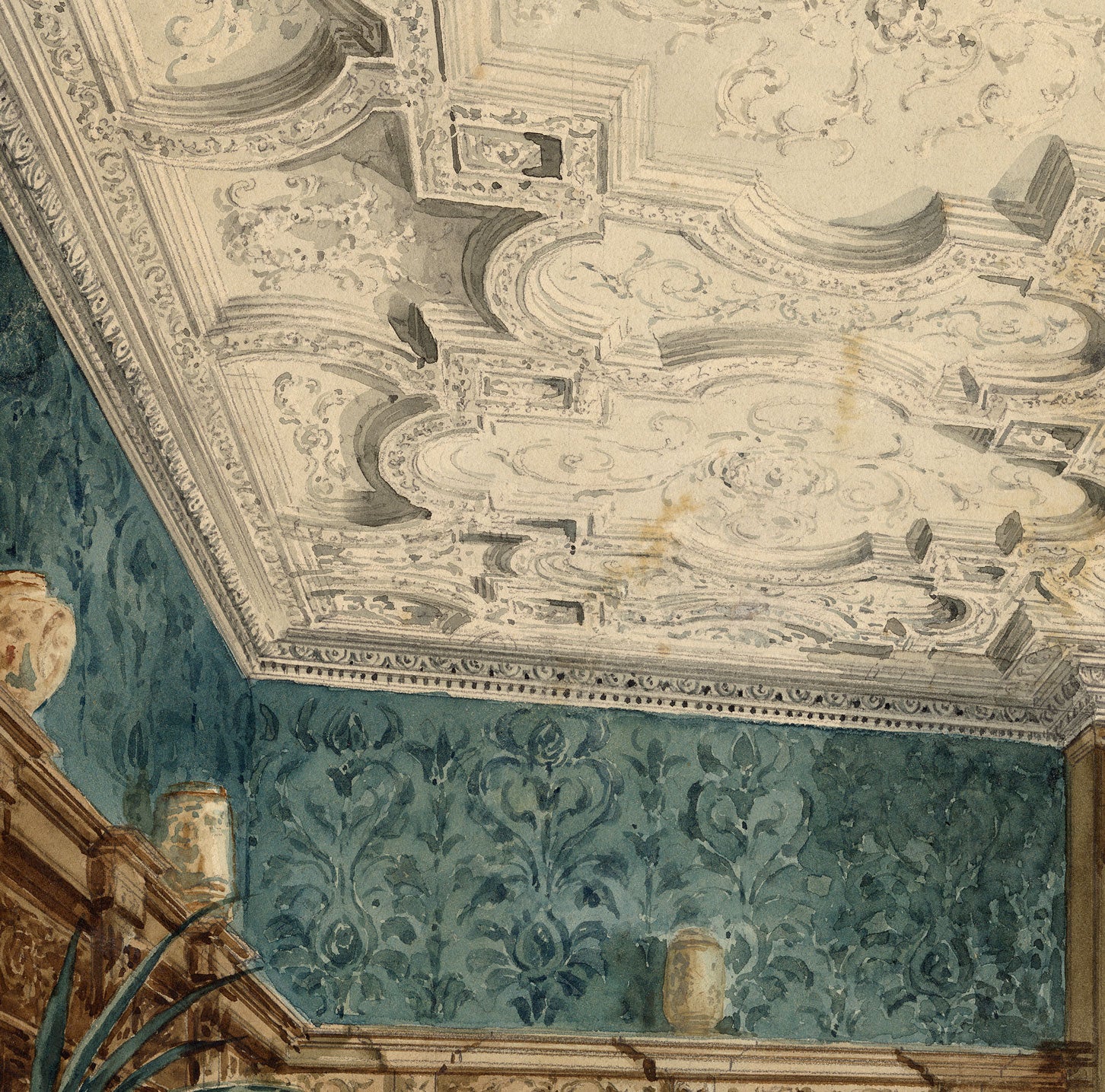 Attrib. Hughson Hawley, Jacobean Revival Dining Room Interior – Late 19th-century watercolour painting