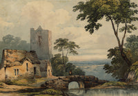 Circle of John Glover, Church by Bridge in a Mountainous Landscape – Early 19th-century watercolour painting