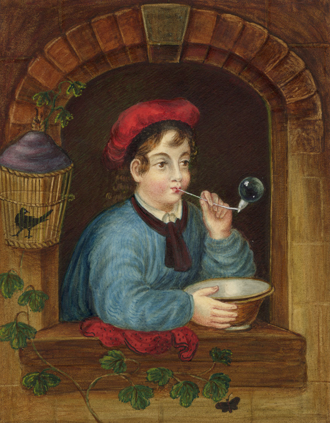 Mrs E. O'Grady, Boy Blowing Bubbles after Dutch Master – Mid-19th-century watercolour painting