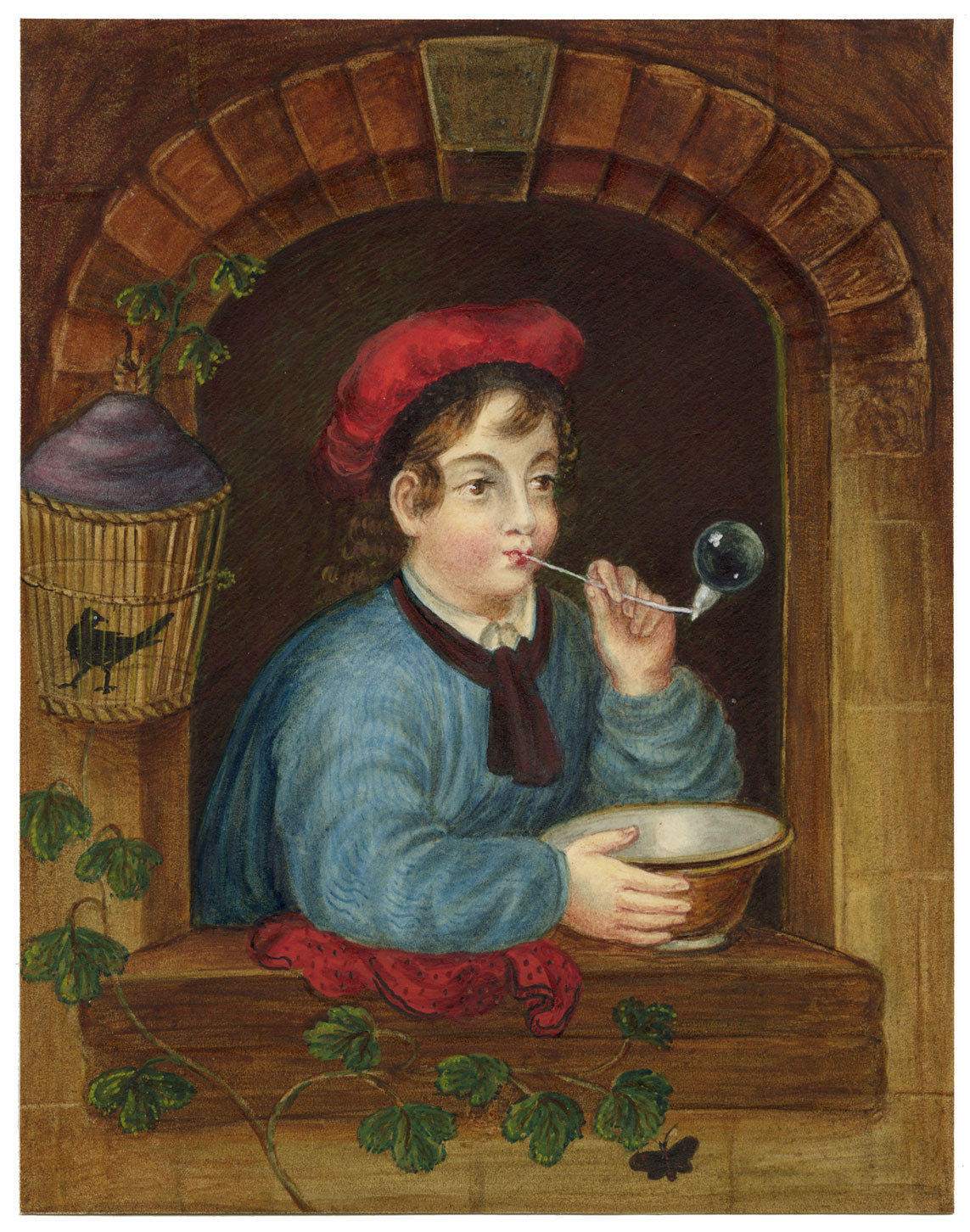 Mrs E. O'Grady, Boy Blowing Bubbles after Dutch Master – Mid-19th-century watercolour painting