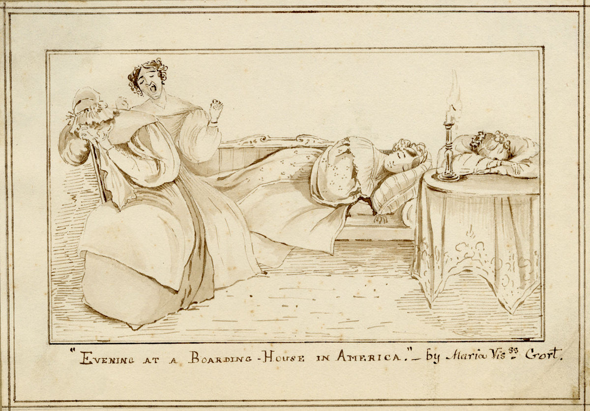 Maria Vereker Viscountess Gort, Evening at a Boarding-House in America – Early 19th-century pen & ink drawing