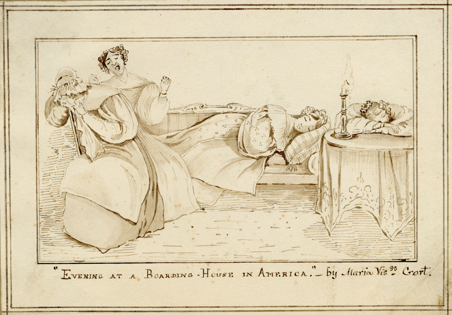 Maria Vereker Viscountess Gort, Evening at a Boarding-House in America – Early 19th-century pen & ink drawing