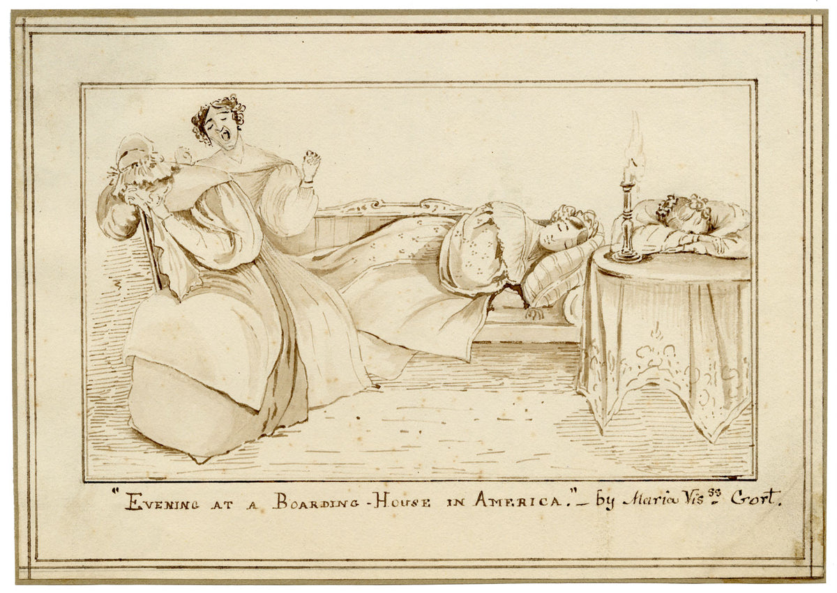 Maria Vereker Viscountess Gort, Evening at a Boarding-House in America – Early 19th-century pen & ink drawing