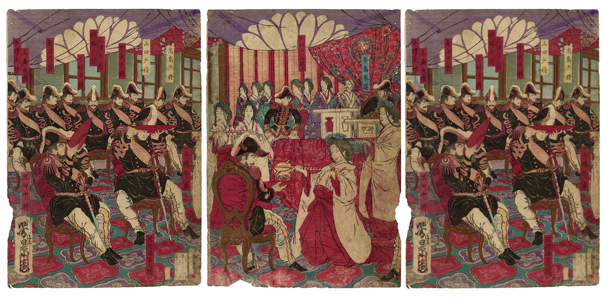 Yoshikage Gotō, Military Officers of the Imperial Court Receiving Celebratory Cup after Defeating the Satsuma Rebellion – 1914 woodblock print