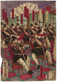 Yoshikage Gotō, Military Officers of the Imperial Court Receiving Celebratory Cup after Defeating the Satsuma Rebellion – 1914 woodblock print