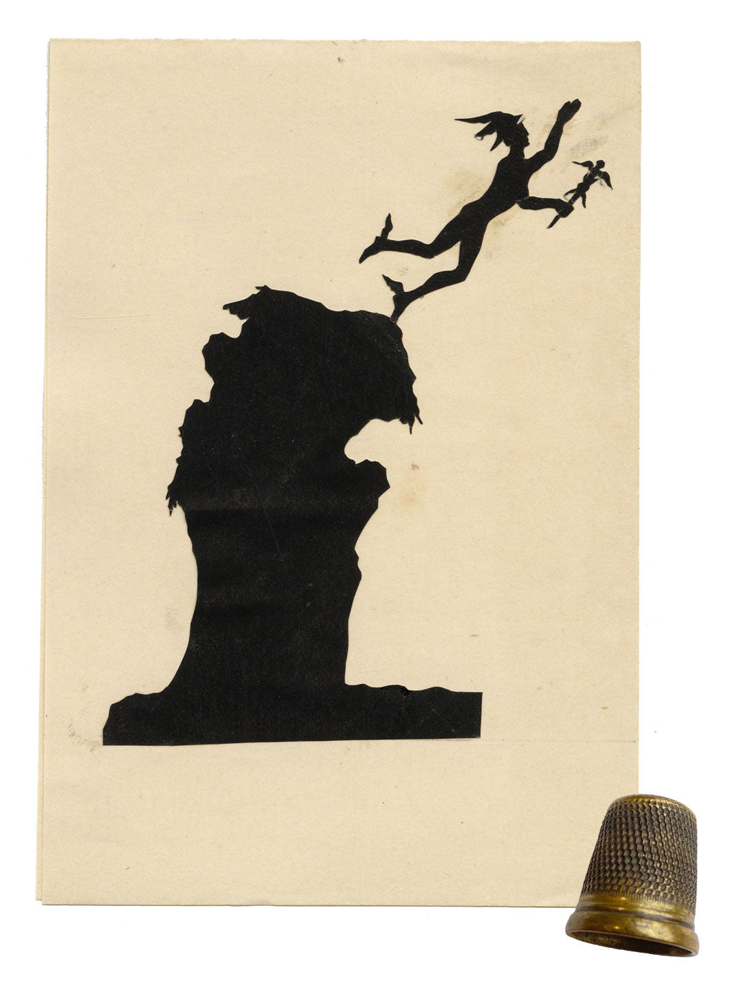 Anon., Antique Papercut Silhouette – Pixie on an Outcrop – Late 19th-century Scherenschnitt