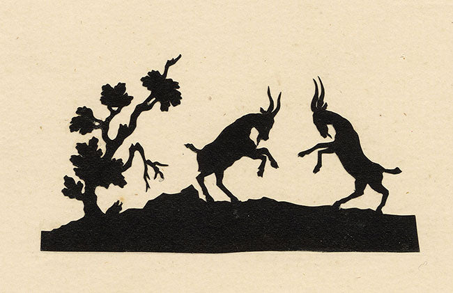 Anon., Antique Papercut Silhouette – Horned Goats Sparring – Late 19th-century Scherenschnitt