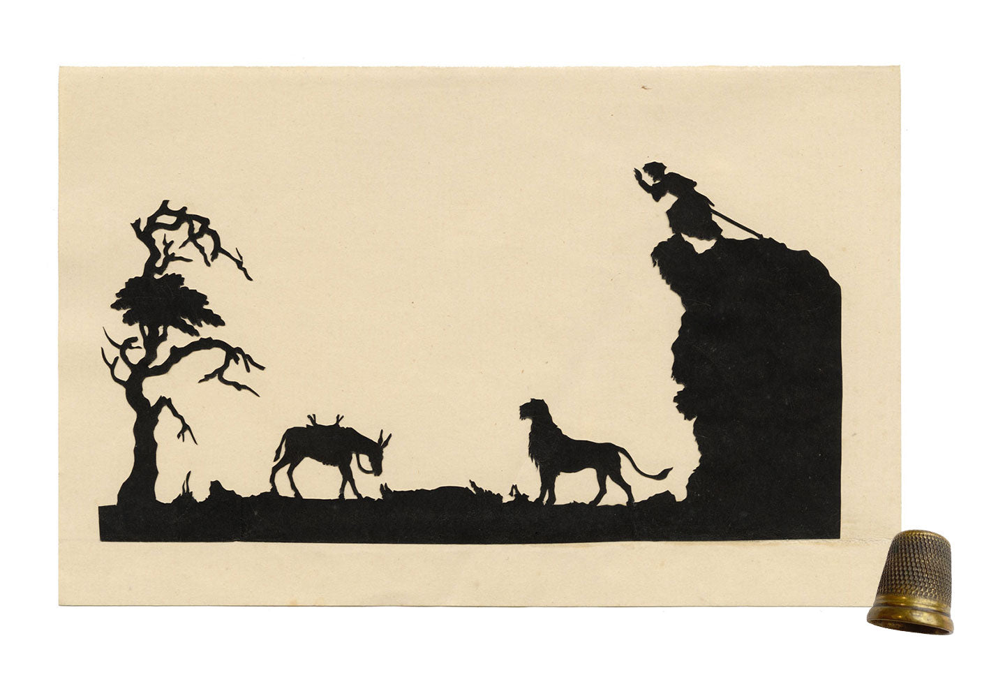 Anon., Antique Papercut Silhouette – Lion & Donkey – Late 19th-century Scherenschnitt