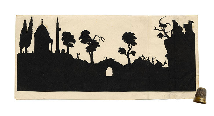 Anon., Antique Papercut Silhouette – Eastern Panorama Scene – Late 19th-century Scherenschnitt
