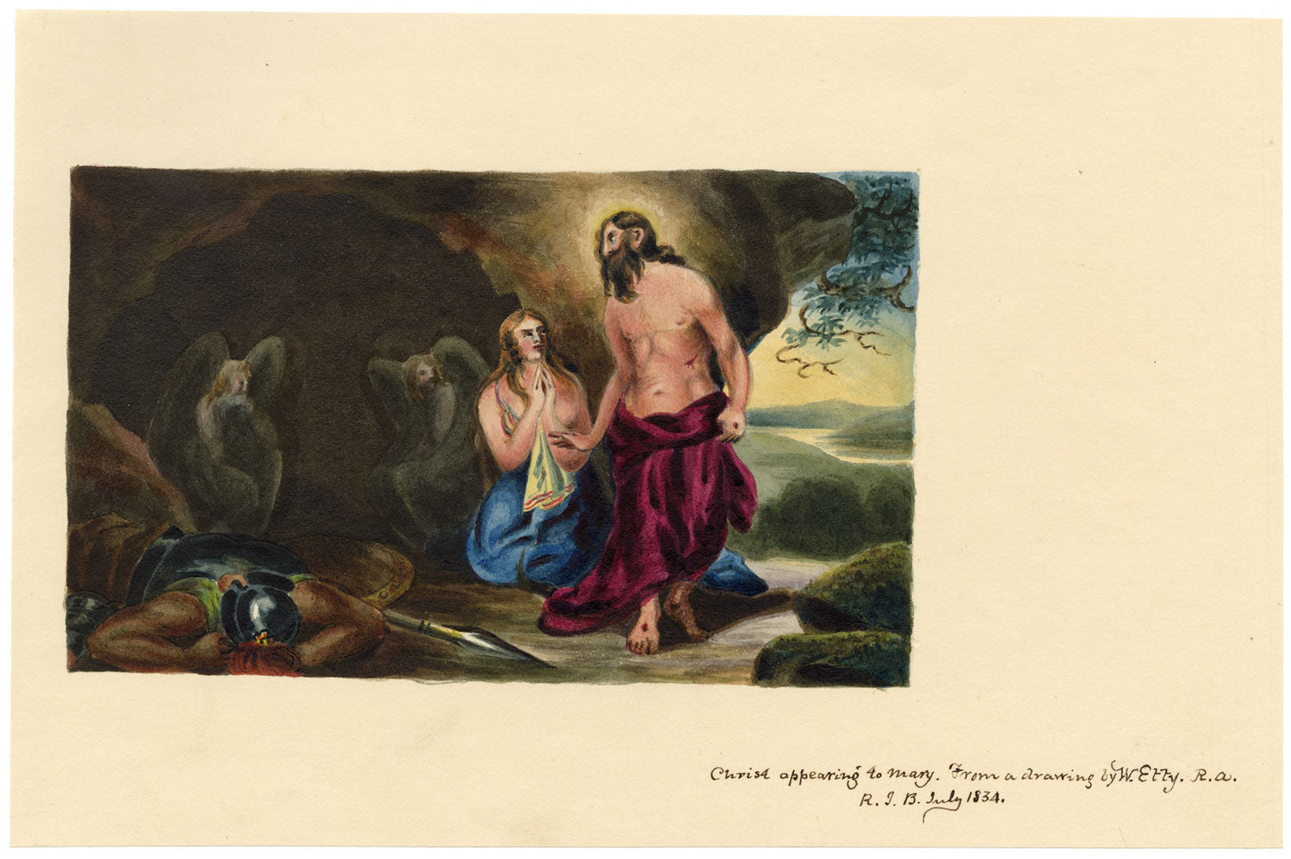 R.J. Blesard, Christ Appearing to Mary Magdalene after William Etty – 1834 watercolour painting