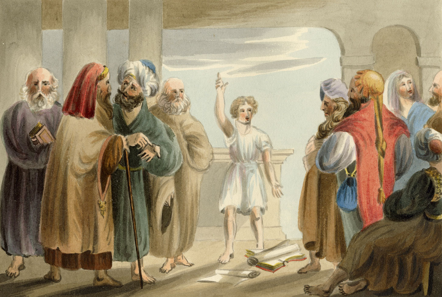 R.J. Blesard, Christ with the Doctors – 1834 watercolour painting