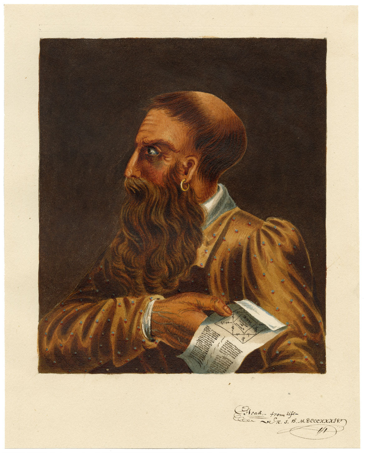 R.J. Blesard, Portrait of a Man, Head from Life – 1834 watercolour painting