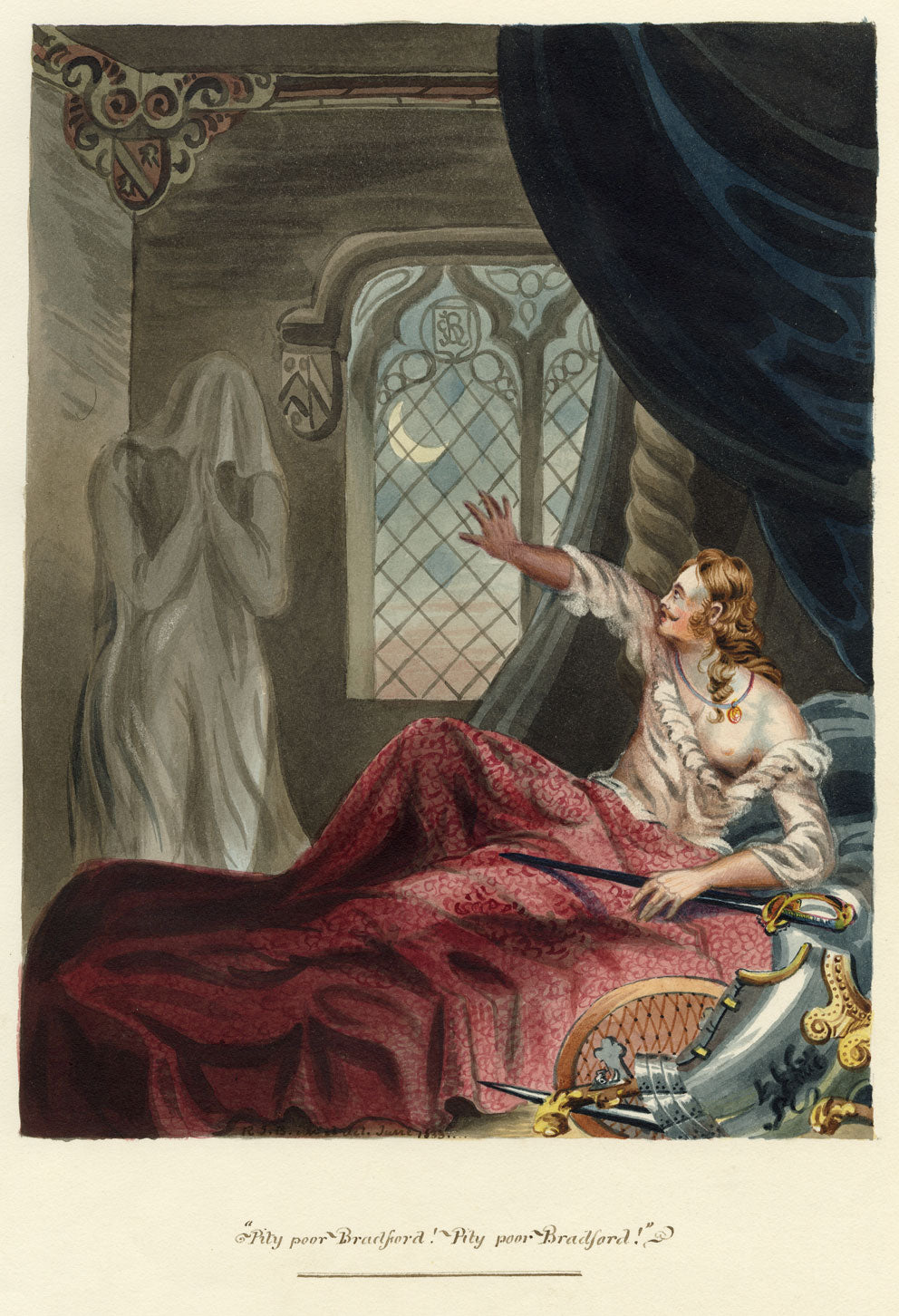 R.J. Blesard, Haunting at Bolling Hall, Yorkshire 'Pity Poor Bradford' – 1833 watercolour painting