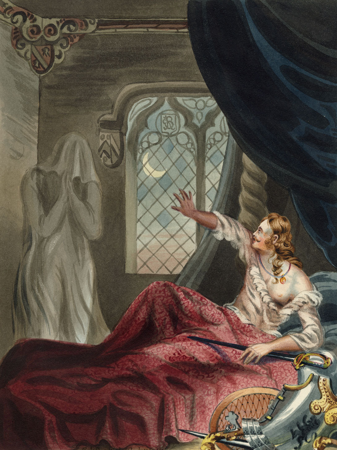 R.J. Blesard, Haunting at Bolling Hall, Yorkshire 'Pity Poor Bradford' – 1833 watercolour painting