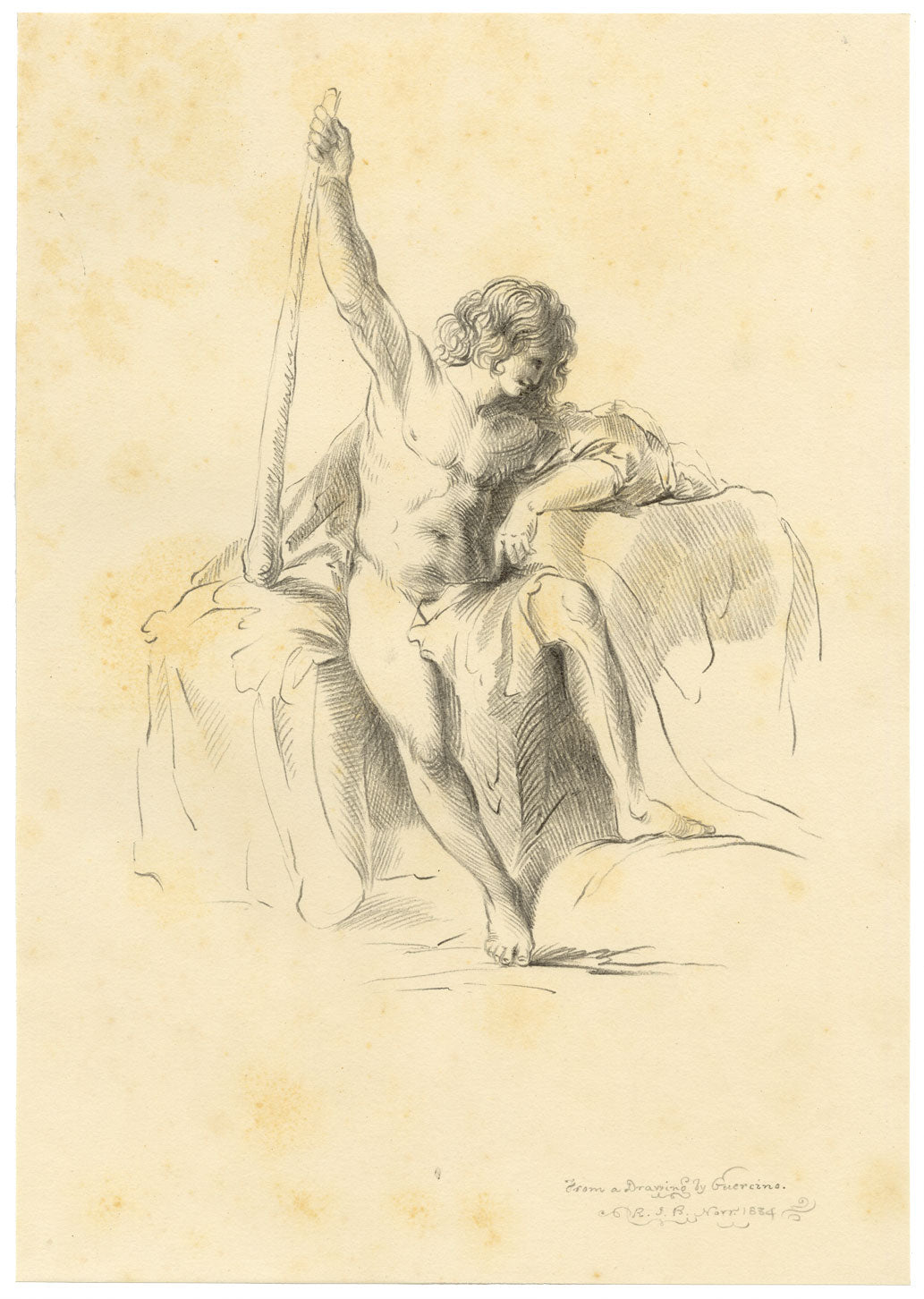 R.J. Blesard, Male Figure Study after Guercino – 1834 graphite drawing