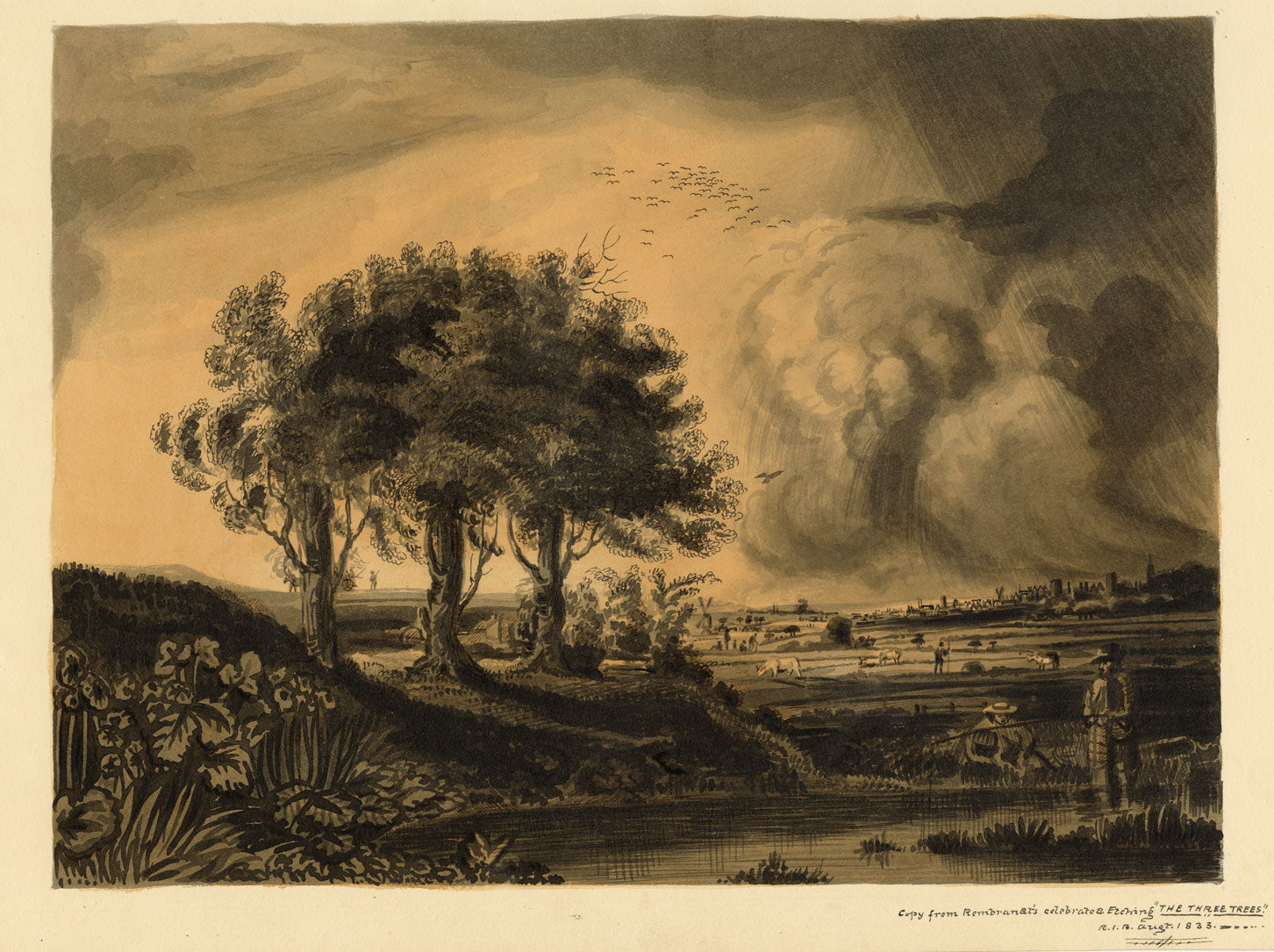 R.J. Blesard, The Three Trees after Rembrandt – 1833 watercolour painting