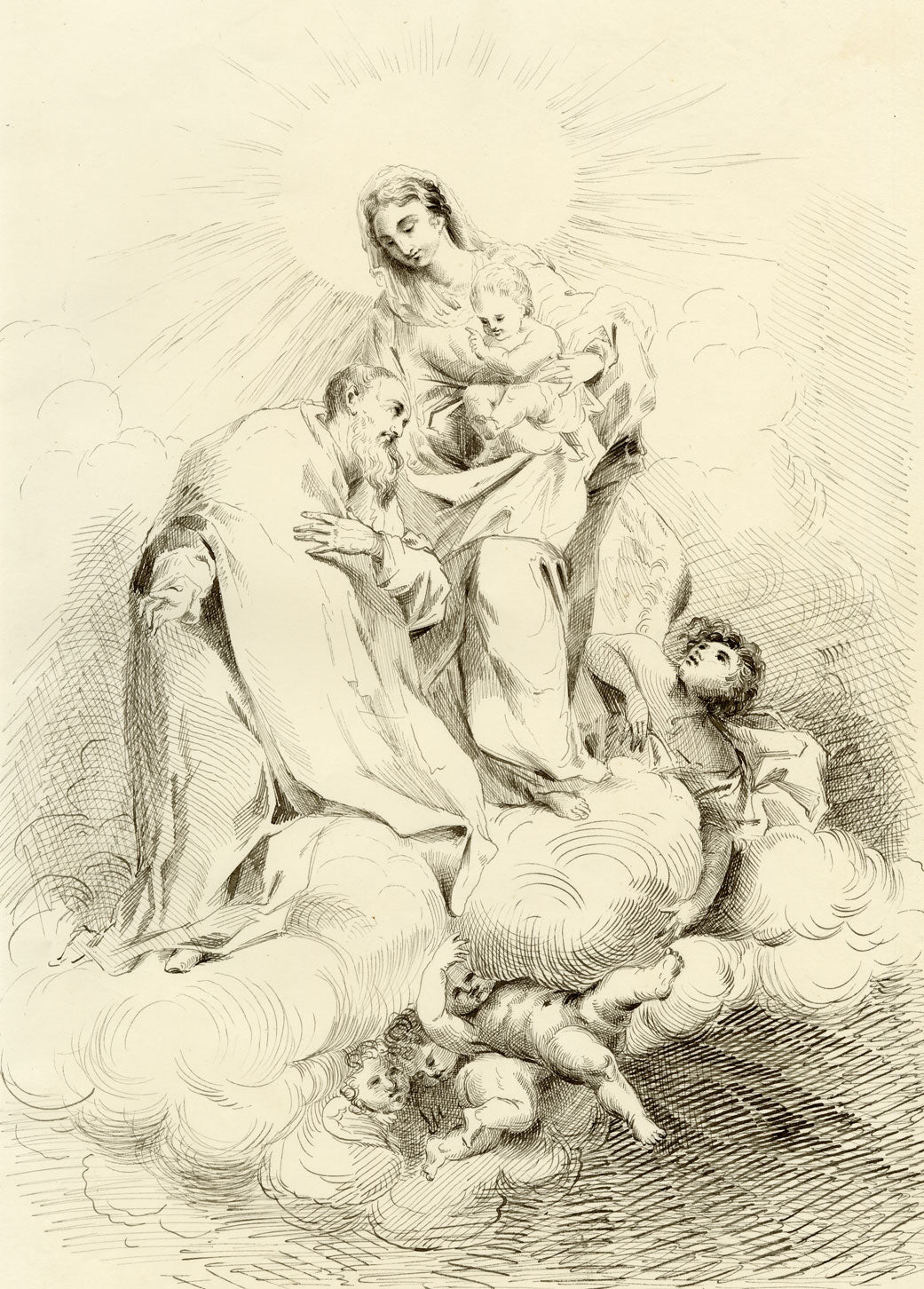 R.J. Blesard, Virgin & Child with Saint Philip Neri after Giuseppe Canale – 1835 pen & ink drawing
