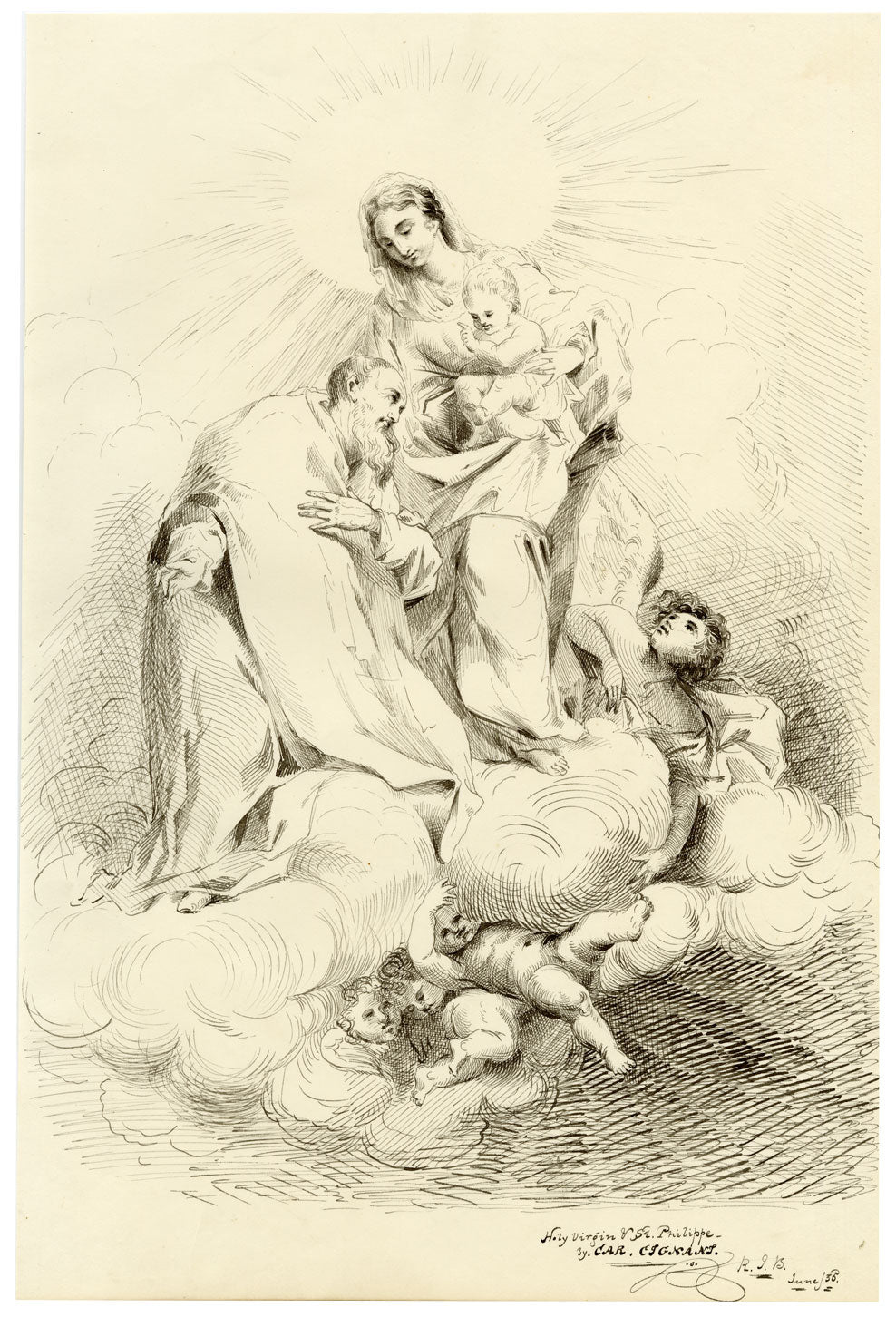 R.J. Blesard, Virgin & Child with Saint Philip Neri after Giuseppe Canale – 1835 pen & ink drawing
