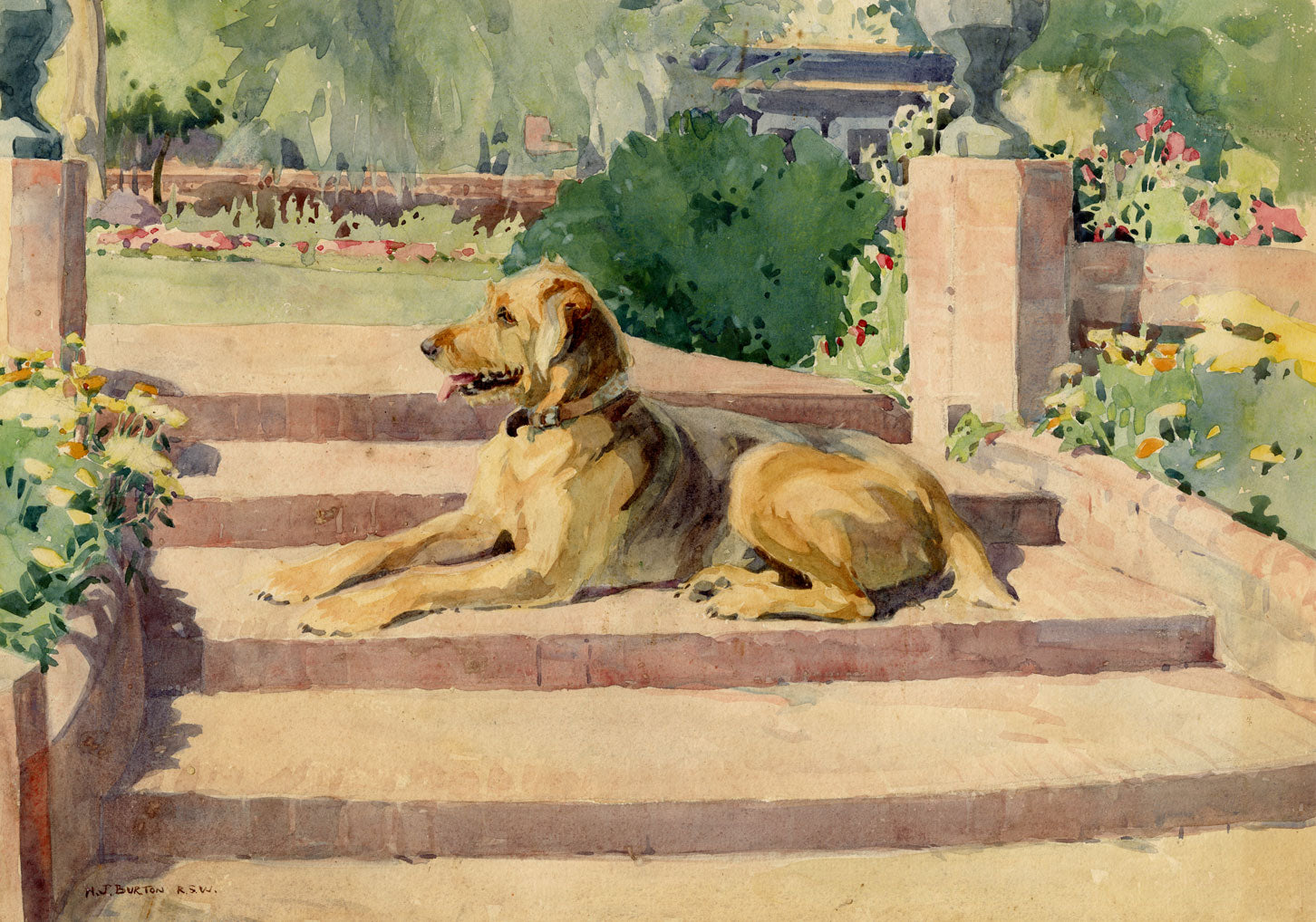 Nancy Jane Burton RWS, Terrier Dog on Garden Steps – c.1920s watercolour painting