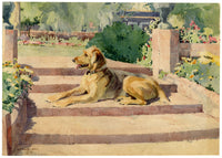 Nancy Jane Burton RWS, Terrier Dog on Garden Steps – c.1920s watercolour painting