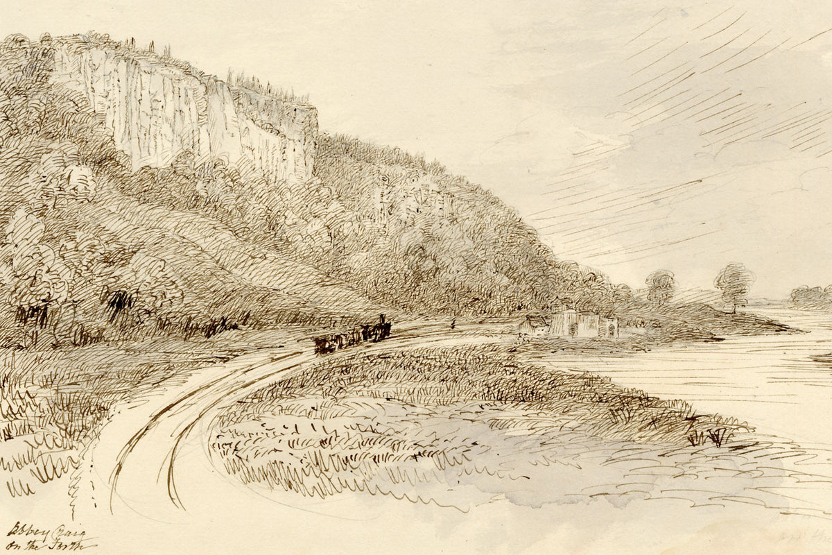 John Wilson of Seacroft Hall, Abbey Craig on the Forth with Steam Train, Stirling, Scotland – c.1870s pen & ink drawing