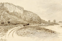 John Wilson of Seacroft Hall, Abbey Craig on the Forth with Steam Train, Stirling, Scotland – c.1870s pen & ink drawing