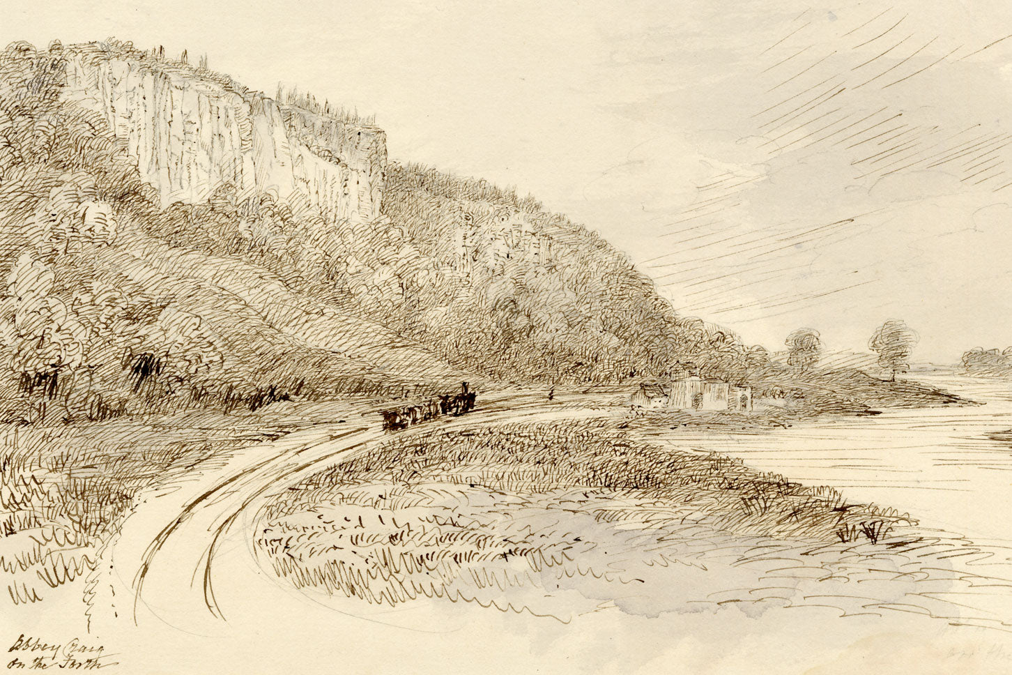 John Wilson of Seacroft Hall, Abbey Craig on the Forth with Steam Train, Stirling, Scotland – c.1870s pen & ink drawing