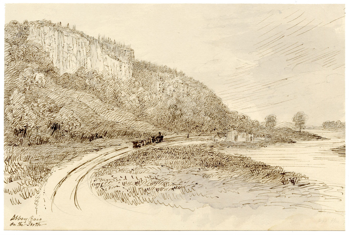 John Wilson of Seacroft Hall, Abbey Craig on the Forth with Steam Train, Stirling, Scotland – c.1870s pen & ink drawing