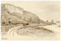 John Wilson of Seacroft Hall, Abbey Craig on the Forth with Steam Train, Stirling, Scotland – c.1870s pen & ink drawing