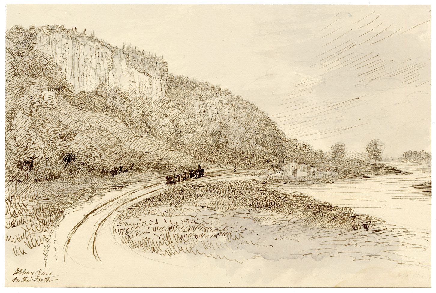John Wilson of Seacroft Hall, Abbey Craig on the Forth with Steam Train, Stirling, Scotland – c.1870s pen & ink drawing