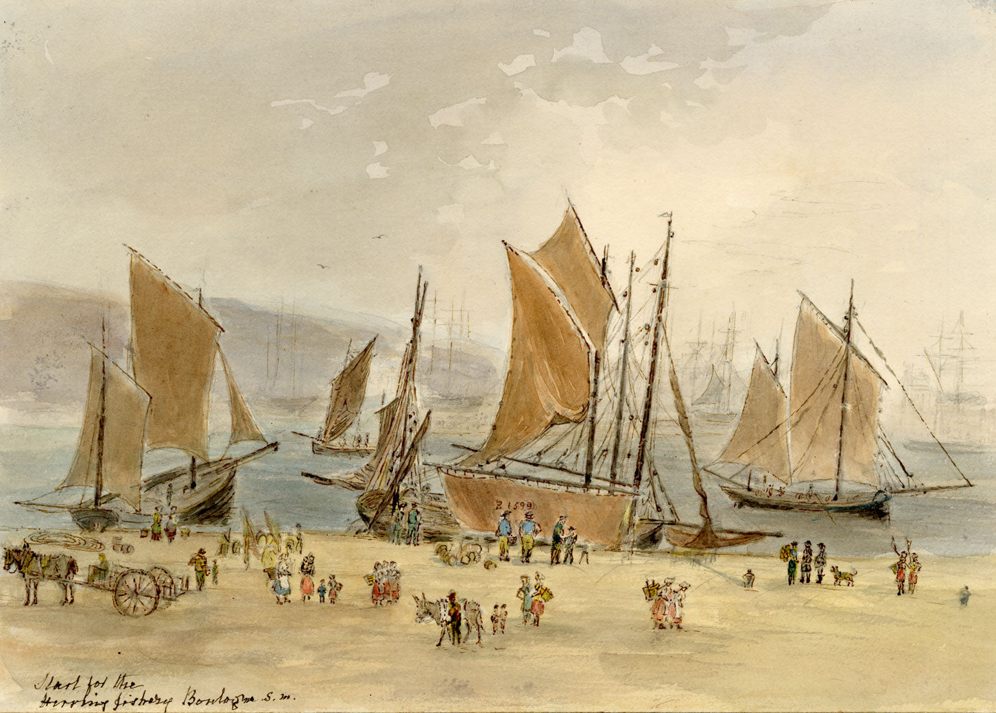 John Wilson of Seacroft Hall, Start for the Herring Fishery at Boulogne sur Mer, France – c.1870s watercolour painting