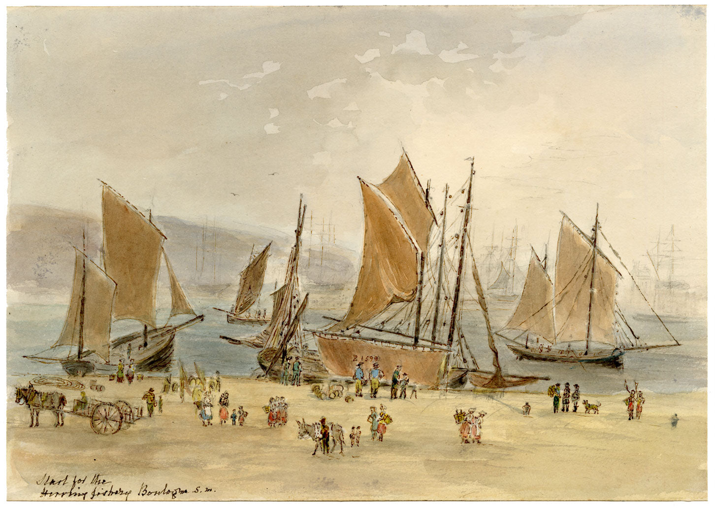 John Wilson of Seacroft Hall, Start for the Herring Fishery at Boulogne sur Mer, France – c.1870s watercolour painting
