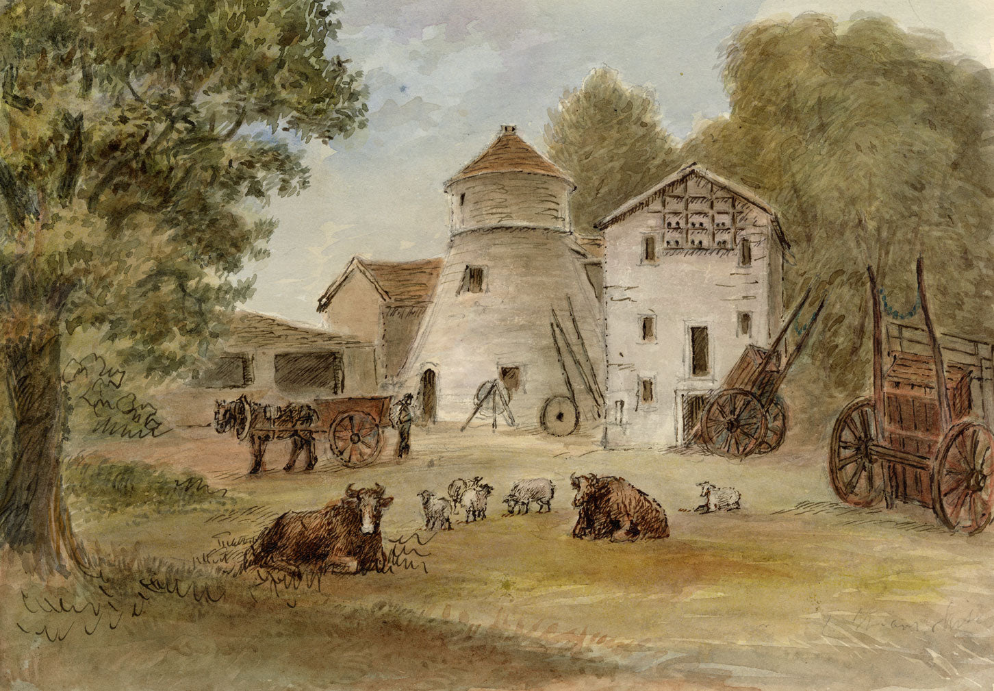 John Wilson of Seacroft Hall, Farmyard Scene with Mill & Dovecot – c.1870s watercolour painting
