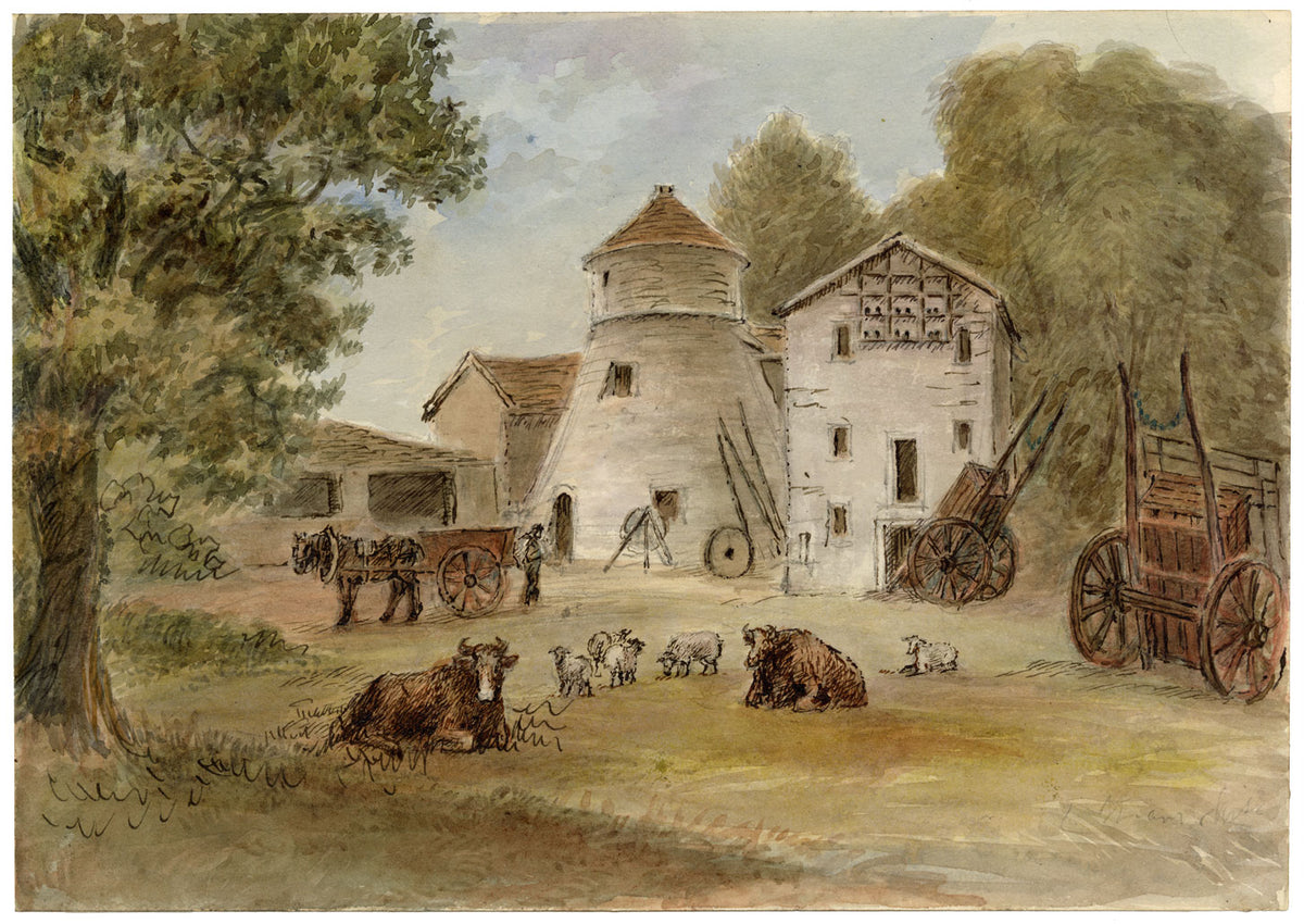 John Wilson of Seacroft Hall, Farmyard Scene with Mill & Dovecot – c.1870s watercolour painting