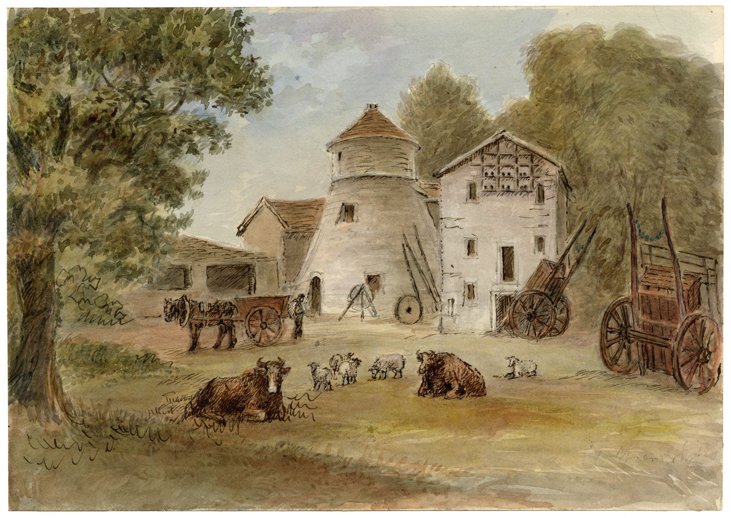John Wilson of Seacroft Hall, Farmyard Scene with Mill & Dovecot – c.1870s watercolour painting