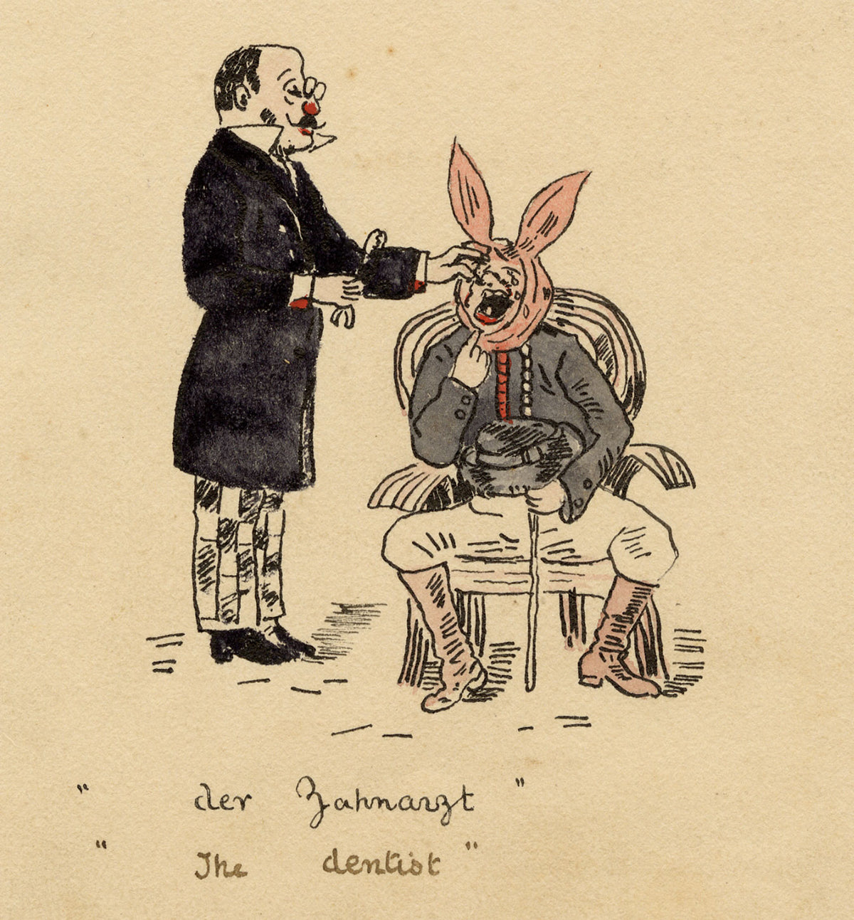R.J.R.F., German Tooth Extraction Satirical Dentist Cartoon – 1891 pen & ink drawing