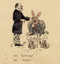R.J.R.F., German Tooth Extraction Satirical Dentist Cartoon – 1891 pen & ink drawing