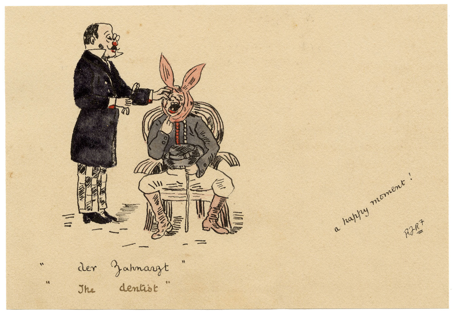 R.J.R.F., German Tooth Extraction Satirical Dentist Cartoon – 1891 pen & ink drawing