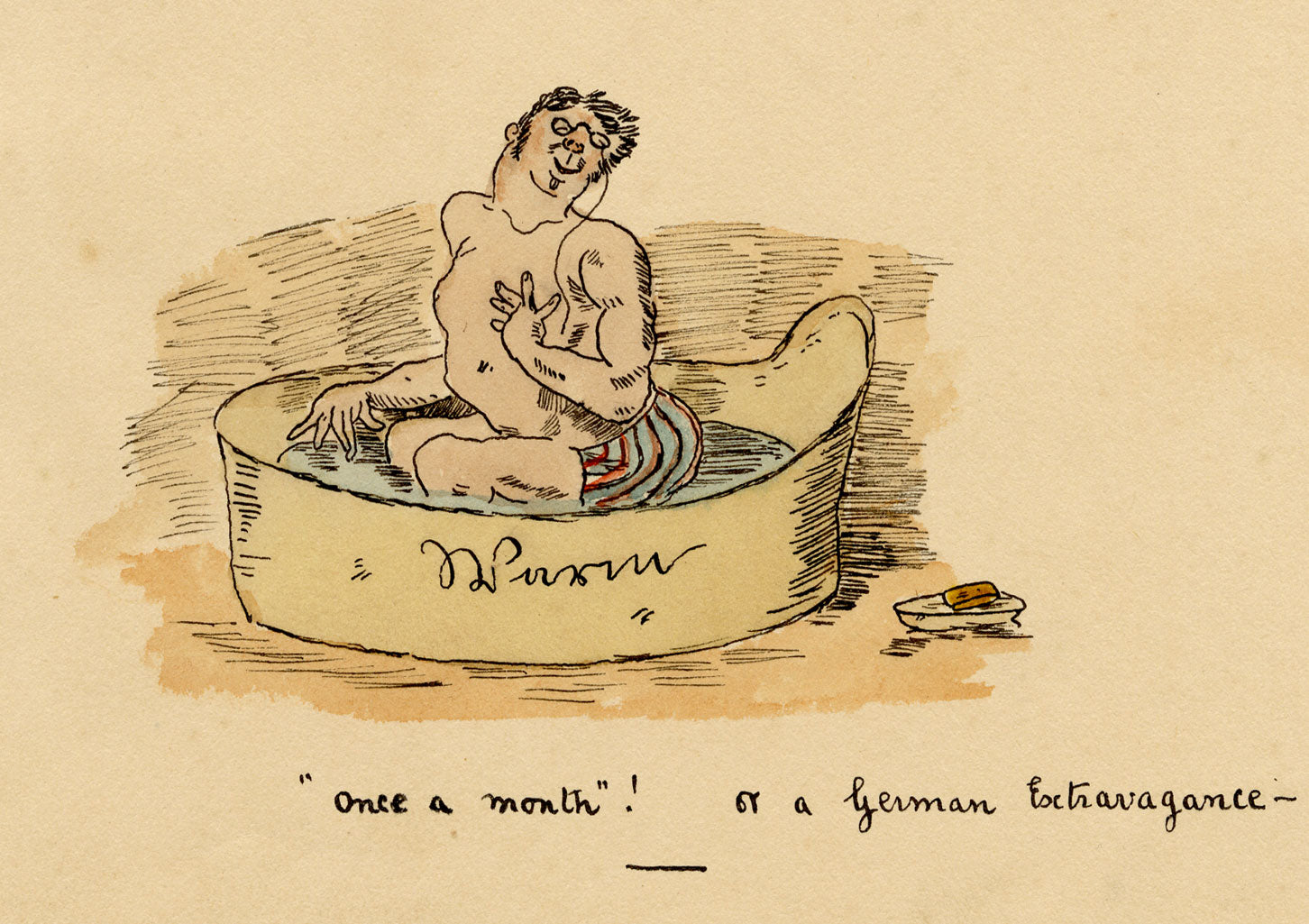 R.J.R.F., German Bathing 'Once a Month!' Satirical Cartoon – 1891 pen & ink drawing