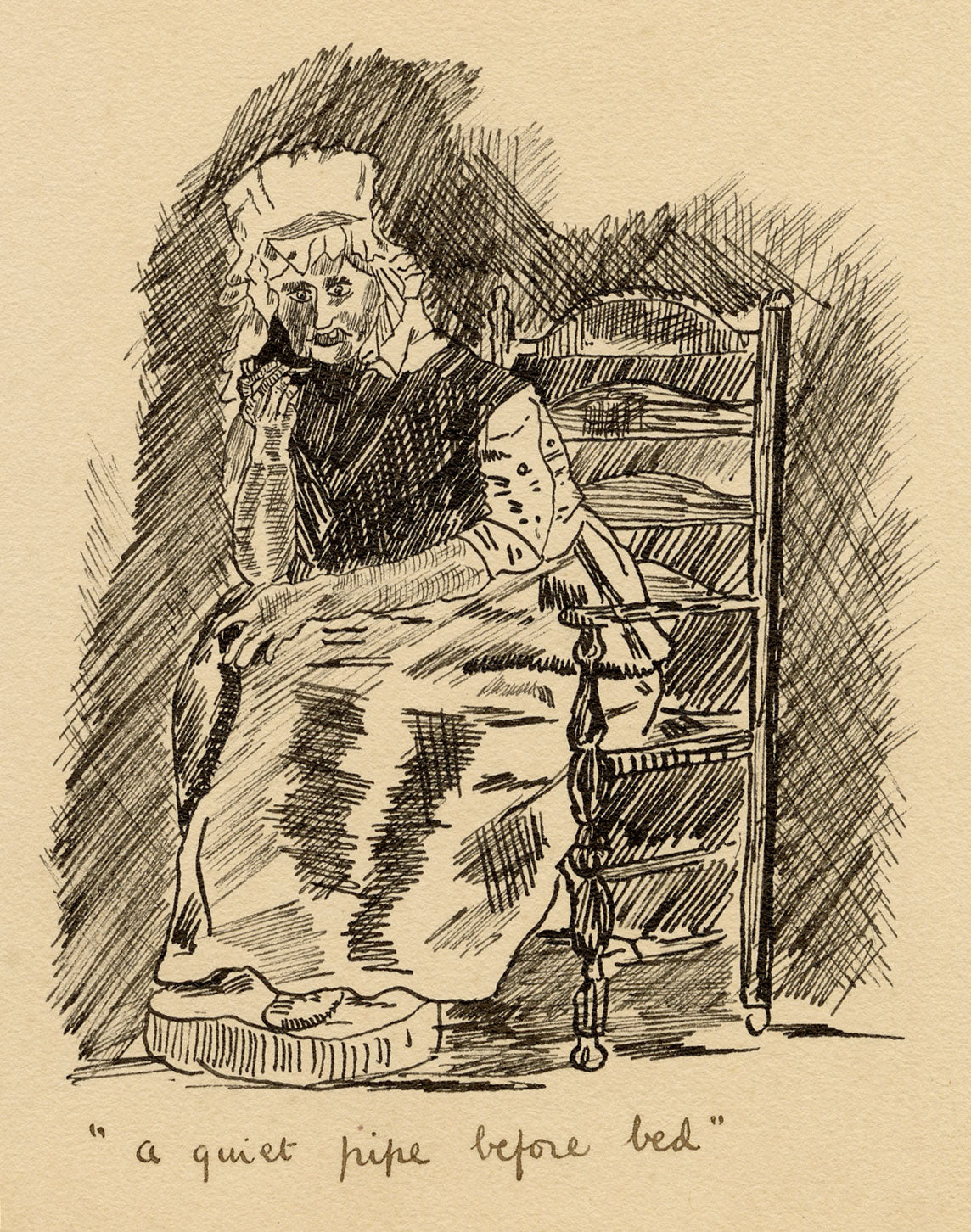 R.J.R.F., Old Woman Caricature 'A quiet pipe before bed' – 1891 pen & ink drawing