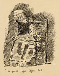 R.J.R.F., Old Woman Caricature 'A quiet pipe before bed' – 1891 pen & ink drawing