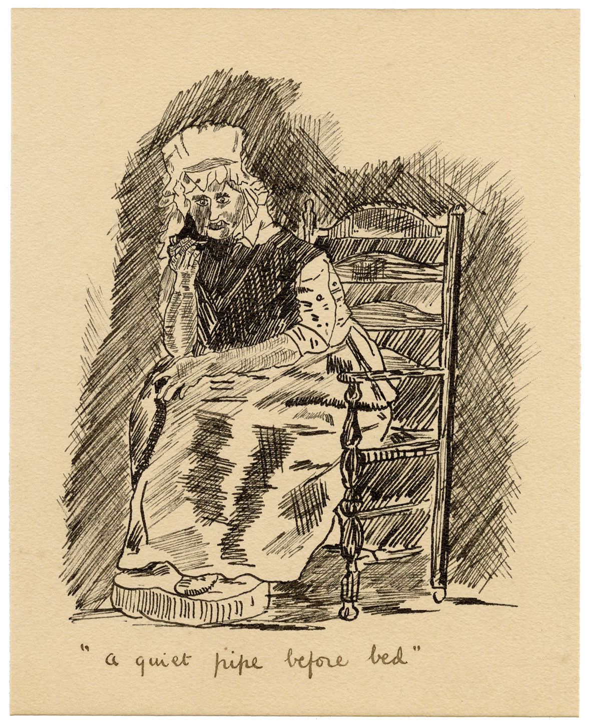 R.J.R.F., Old Woman Caricature 'A quiet pipe before bed' – 1891 pen & ink drawing