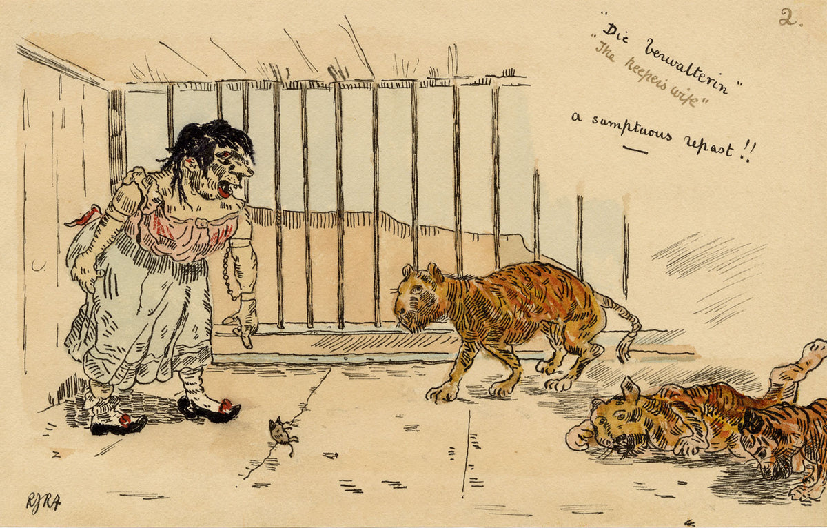 R.J.R.F., German Lionkeeper's Wife Satirical Cartoon – 1891 pen & ink drawing