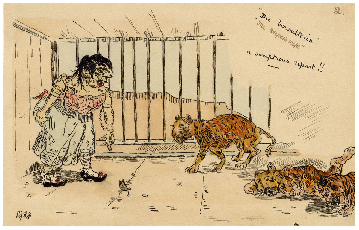 R.J.R.F., German Lionkeeper's Wife Satirical Cartoon – 1891 pen & ink drawing