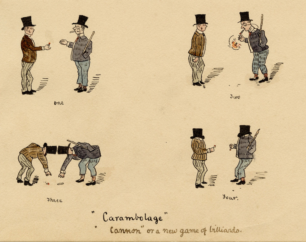 R.J.R.F., Gentlemen Smoking 'Carambolage' Cannon Billiards Game Satirical Cartoon – 1891 pen & ink drawing