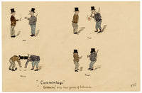 R.J.R.F., Gentlemen Smoking 'Carambolage' Cannon Billiards Game Satirical Cartoon – 1891 pen & ink drawing