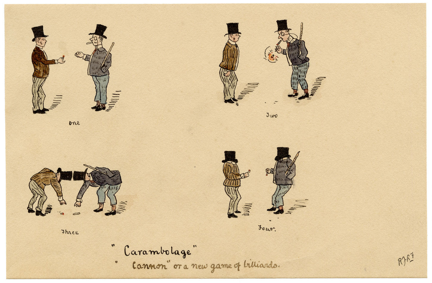 R.J.R.F., Gentlemen Smoking 'Carambolage' Cannon Billiards Game Satirical Cartoon – 1891 pen & ink drawing