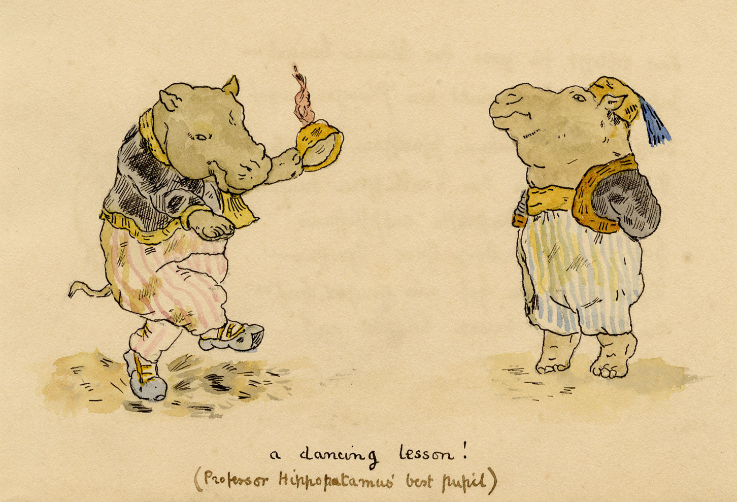 R.J.R.F., Hippos Dancing Lesson Anthropomorphic Cartoon – 1891 pen & ink drawing