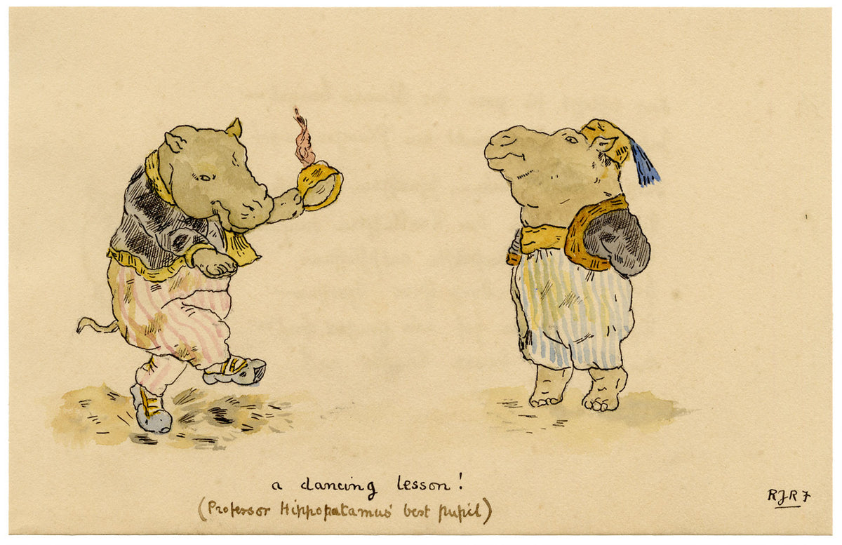 R.J.R.F., Hippos Dancing Lesson Anthropomorphic Cartoon – 1891 pen & ink drawing