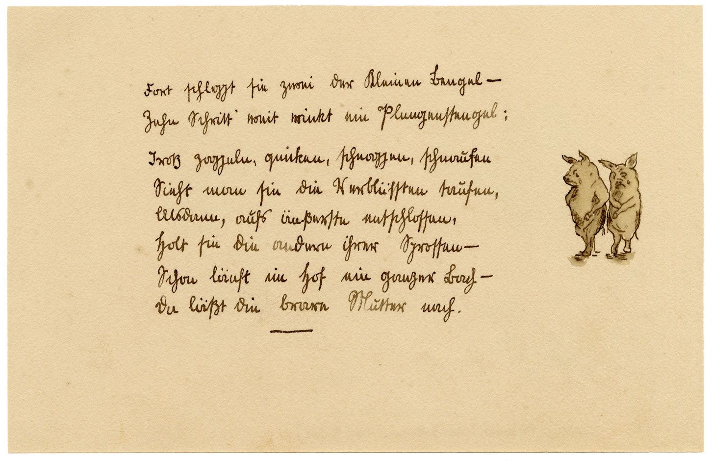 R.J.R.F., Hippos Dancing Lesson Anthropomorphic Cartoon – 1891 pen & ink drawing